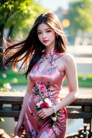 1 girl, tree, flowers, pond, sun, wind, very long hair, straight hair, brown hair, smile, dressed best quality, 32k, realistic, super detailed, fine, high resolution, perfect dynamic composition, Beautiful and detailed eyes, sharp focus, cowboy shot, nature, classical Chinese dress, red, lantern, promenade,