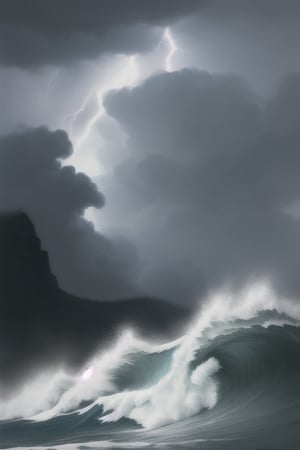 illustration,roaring big waves at midnight,lightning in the blackk sky,dramatic lighting,best quality