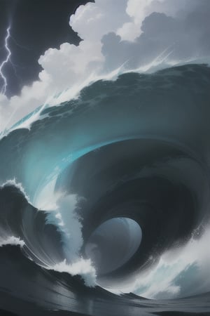 illustration,roaring big waves at midnight,lightning in the black sky,black background,dramatic lighting,best quality