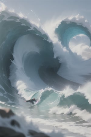 illustration,terrible gigantic waves come rushing from a distance