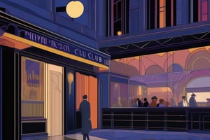 illustration,thriving black jazz club from New Orleans in the 1920s,1920s style,(in the mixed style of Cassandre and Mœbius),minimal vector,art deco,old fashioned,nostalgic,retrospective,photorealistic