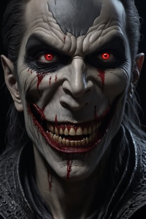 Horrifying dark art, portrait full face painting of a  creepy, scary vampire showing fangs, blood in the mouth, blood dripping from teeth, still frame with 1200k ultra high detailed eyes face skin, ((volumetric lighting, insane details, intricate textures, perfect details), hd, masterpiece, award-winning photograph, (ultrarealistic, natural feather structure, detailed textures), [by Caravaggio], beautiful 1200k sharp eyes, 1200k sharp high detailed nose, Halloween ultra realistic, concept art, intricate details, eerie, highly detailed, photorealistic, octane render, 1200 k, unreal engine. art by artgerm and greg rutkowski and alphonse mucha, filipe pagliuso and justin gerard, fantasy, highly detailed, realistic, intricate, glowing eyes, The Void, Terrifying Darkness, Absolute Nothingness, by Keith Thompson and Neil Blevins, Digital Horror Artwork, 8k zombie Halloween theme,monster,whiteeyes