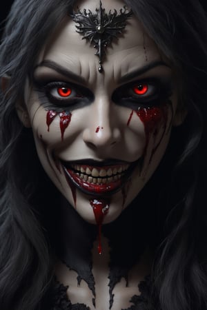 Horrifying dark art, portrait full face painting of a  creepy, scary female vampire showing ((fangs)), blood in the mouth, blood dripping from teeth, still frame with 1200k ultra high detailed eyes face skin, ((volumetric lighting, insane details, intricate textures, perfect details), hd, masterpiece, award-winning photograph, (ultrarealistic, natural feather structure, detailed textures), [by Caravaggio], beautiful 1200k sharp eyes, 1200k sharp high detailed nose, Halloween ultra realistic, concept art, intricate details, eerie, highly detailed, photorealistic, octane render, 1200 k, unreal engine. art by artgerm and greg rutkowski and alphonse mucha, filipe pagliuso and justin gerard, fantasy, highly detailed, realistic, intricate, glowing eyes, The Void, Terrifying Darkness, Absolute Nothingness, by Keith Thompson and Neil Blevins, Digital Horror Artwork, 8k zombie Halloween theme,monster,whiteeyes
