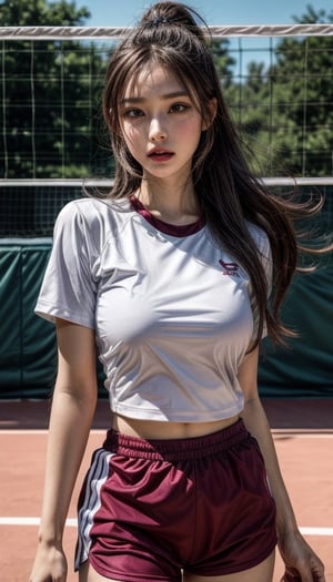 (Feature)Girl, long hair, brown hair, brown eyes,  medium breasts, parted lips, realistic, PureErosFace_V1,heavy eye makeup.
(Clothes)Pink volleyball shirt, purple shorts, red sneakers
(Behavior)Volleyball game, sweaty a lot, high jump
(Background)Volleyball court, multiple people watch
(Quality)High quality, high resolution, high accuracy, UHD: 1.3, 4K high resolution rendering, long shot, face focus.