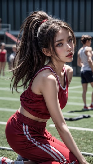(Feature)Girl, long hair, looking at viewer, brown hair, brown eyes,  medium breasts, parted lips, realistic, PureErosFace_V1,heavy eye makeup.
(Clothes)White sportswear, red sweatpants, red sneakers.
(Behavior)High jump competition
(Background)Track and field, multiple people watch
(Quality)High quality, high resolution, high accuracy, UHD: 1.3, 4K high resolution rendering, long shot, face focus.