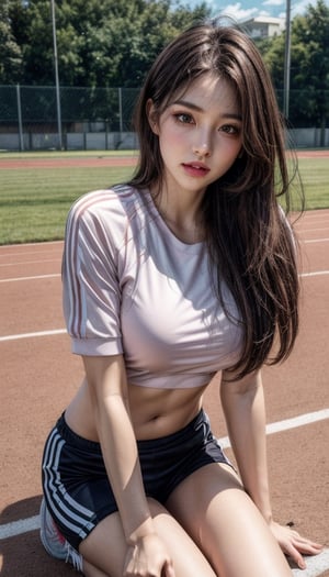 Girl, long hair, looking at viewer, brown hair, brown eyes,  medium breasts, parted lips, realistic.
(High quality, high resolution, high accuracy, UHD: 1.3, 4K High resolution rendering.)
PureErosFace_V1,heavy eye makeup
,face focus, girl wearing a pink sportswear, sneaker.
Background, school, track and field, physical education class, hurdles, competition, whole body.

