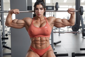 Female bodybuilder with Dua Lipa's face, laying on a side, pumped muscle, muscular abs