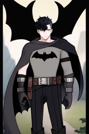 The animated version of Batman that belongs to the movie "Justice League x RWBY: Super Heroes & Huntsmen - Part 1" (He does have black hair, dark blue eyes, black pants, gray boots, gray metal knee pads, a gray breastplate with a black bat symbol on the front and underneath, a black long-sleeved t-shirt, black metal bat-shaped shoulder pads, gray armbands with 3 side blades on the sides, gloves blacks, a gray scarf, a gray utility belt and the age of 17), where Batman/Bruce Wayne is a "Bat Faunus" (Human being with two oversized black bat wings emerging from his back), in a landscape night.