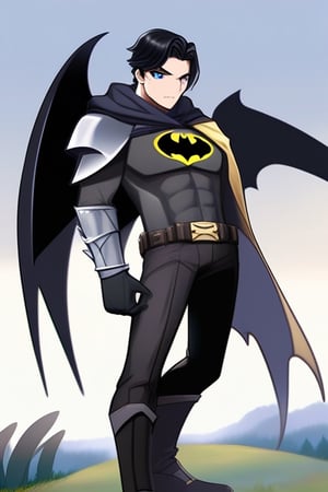 The animated version of Batman that belongs to the movie "Justice League x RWBY: Super Heroes & Huntsmen - Part 1" (He does have black hair, dark blue eyes, black pants, gray boots, gray metal knee pads, a gray breastplate with a black bat symbol on the front and underneath, a black long-sleeved t-shirt, black metal bat-shaped shoulder pads, gray armbands with 3 side blades on the sides, gloves blacks, a gray scarf, a gray utility belt and the age of 17), where Batman/Bruce Wayne is a "Bat Faunus" (Human being with two oversized black bat wings emerging from his back), in a landscape night.