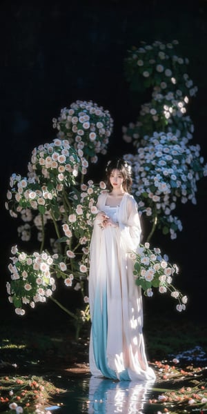 1girl, solo, low cut style, plump breasts, Sexy figure, Sheer gauze material, black hair, hair ornament, long sleeves, dress, standing, flower, wide sleeves, white dress, chinese clothes, black background, reflection, blue flower, robe, hanfu,  hanfuandflower,better_hands, beautiful girl,perfect,Realistic,dream_girl