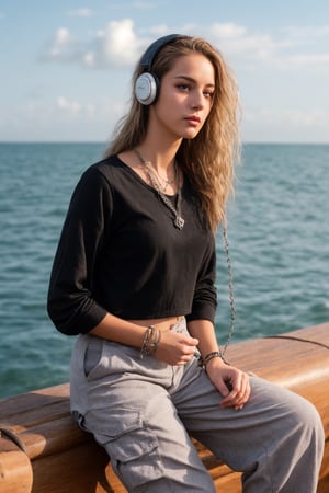 French girl,grey blonde hair(very long hair, curly_hair),hiphop dancer,wearing all black clothes (loose fit top and wide cargo pants),sneakers,headphone, sitting at sea bank,horizon,seaside,accessories(necklace,ear_rings),Best Quality, 32k, photorealistic, ultra-detailed, finely detailed, high resolution, perfect dynamic composition, beautiful detailed eyes, sharp-focus, cowboy_shot, ,sangonomiya kokomi (sparkling coralbone)