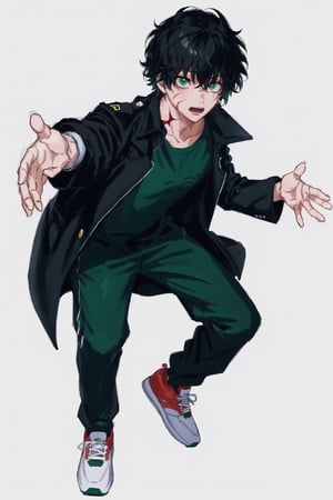 1 boy, single, only_man, post-cyberpunk, black_red_hair, green_eyes, green t-shirt, black military pants, trench coat with black short sleeves, black_green sneakers, prosthetic_eye, (scar on left arm), full body portrait, full body photo, (firm body), fierce face, detailed, detailed, (detailed eyes), high resolution, bold, Korean Manhwa art style, detailed face, midoriya izuku, (outstretched hands), (black_red hair), red eye,