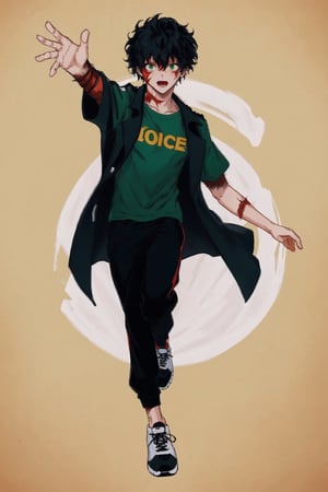 1 boy, single, only_man, post-cyberpunk, black_red_hair, green_eyes, green t-shirt, black_pants, trench coat with black_short sleeves, black_green sneakers, (scar on left arm), (full body portrait), (full body photo), ((firm body)), fierce face, detailed, detailed, (red detailed eyes), high resolution, bold, Korean Manhwa art style, detailed face, midoriya izuku, (hands outstretched),((black_red hair)), (red eye),