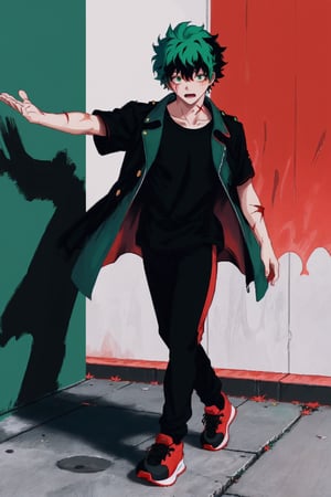1 boy, single, only_man, post-cyberpunk, black_red_hair, green_eyes, green t-shirt, black_pants, trench coat with black_short sleeves, black_green sneakers, (scar on left arm), (full body portrait), (full body photo), ((firm body)), fierce face, detailed, detailed, (red detailed eyes), high resolution, bold, Korean Manhwa art style, detailed face, midoriya izuku, (hands outstretched),((colored hair (black)_ (red)),(red eye),