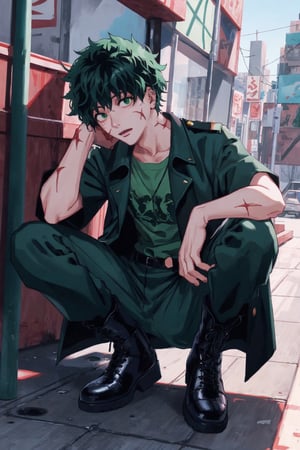 1 boy, single, only_man, post-cyberpunk, black_red_hair, short_hair, green_eyes, green t-shirt, military pants, trench coat with black short sleeves, black combat boots, prosthetic_eye, scar on left arm, full body portrait, body photo full, firm body, fierce, detailed, detailed face, detailed eyes, high resolution, bold, Korean Manhwa art style, detailed face, midoriya izuku, (hands out)