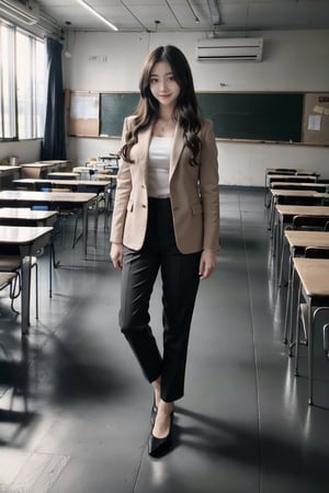 (masterpiece, full body), 1 girl, long hair, looking at the viewer, smiling, standing, earrings,  (((suit, teacher))), indoors, (Classroom)