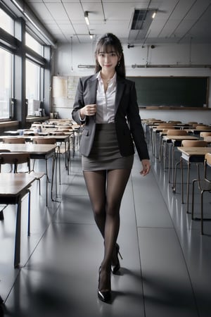 (masterpiece, full body), 1 girl, long hair, looking at the viewer, smiling, standing, earrings, (((suit, suit skirt, teacher, pantyhose, high-heels))), indoors, (Classroom)
