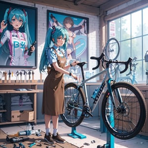 masterpiece ,photorealistic, cinematic photography, bike repair shreme, miku wearing ((sexy little brown apron)) tuning bike saddle on a violet Gravel bike (with is settled on a blue bicycle repair stand). background as a luxury bike shop with many Miku winning race poster intricately detailed.
