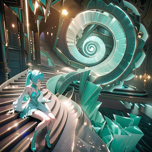 surreal, dynamic lighting , unreal engine , ((luxury icey glassical dress))hatsune miku seated on an illuminated crenscent transparent stairs with amindst a fantastic spiral pizzle, which creates out of glowing carved ice with luxury kintsugi elements, perfectly aligned to bring maximal attention and focus