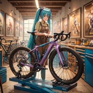masterpiece ,photorealistic, cinematic photography, bike repair shreme, miku wearing ((sexy little brown apron)) tuning bike shifters on a violet Gravel bike (with is settled on a blue bicycle repair stand). background as a luxury bike shop with many Miku winning race poster intricately detailed.
