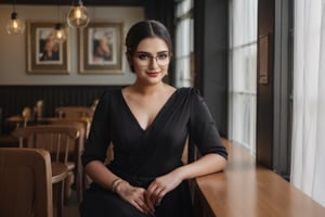 A girl wearing black frock in a cafe and specs looking into the camera, looking like a real human, portrait, full body, Rainy environment, winter season, near window, HD, 8k resolution, cinematic lighting, detailed face, detailed eyes, detailed body, full body, detailed hand, detailed nails, detailed skin. 