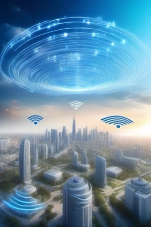 a city, surrounded by WIFI signal lines in the sky, with a blue sky.