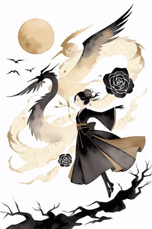 A golden silhouette of a Chinese lady in ancient costume soars in the sky. The background is the vortex of the dragon's flight crane. simple and abstract outlines of the crane and the lady, faceless_character, japanese art, chinese ink drawing, ink , style, Watercolour, oil paint, ,Gold Edged Black Rose,outline
