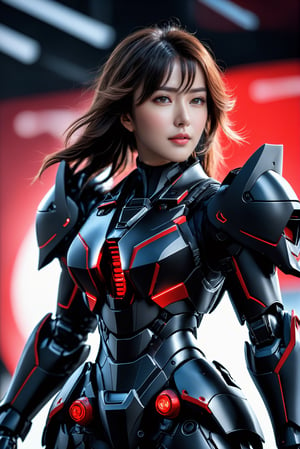 female warrior, ((wearing black colors combat gear)), (Mobile suit type), futuristic equipment, red line display gauntlets, wide feet robotics boots, wide pelvis, perfectly detailed, 8k resolution, dreamlike, futuristic combat suit, (((futuristic suit))), (((masterpiece))), (((best quality))), ((ultra-detailed)), extremely detailed, high quality, hyper detail, masterpiece, best quality, best quality, ultra detailed, flying long hair, Bokeh lighting