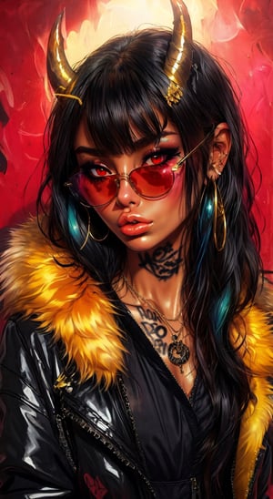 1girl, solo, long hair, looking at viewer, bangs, black hair, red eyes, jewelry, jacket, upper body, earrings, horns, glasses, blunt bangs, necklace, fur trim, makeup, colored skin, mouth hold, piercing, sunglasses, hoop earrings, round eyewear, tinted eyewear, red-tinted eyewear, art style, illustration, drawing, brush strokes, tattoo, piercing, paint, graffiti drawing