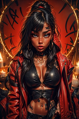 1girl, solo, long hair, looking at viewer, blue eyes, black hair, jewelry, closed mouth, jacket, upper body, braid, earrings, open clothes, midriff, belt, necklace, hair over one eye, lips, coat, crop top, single braid, tattoo, makeup, piercing, ear piercing, hair over shoulder, red jacket, freckles, open coat, hoop earrings, red lips, arm tattoo, red coat, art style, illustration, drawing, brush strokes, tattoo, piercing, paint, graffiti drawing