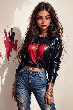1girl, solo, long hair, looking at viewer, smile, simple background, brown hair, shirt, long sleeves, white background, brown eyes, jewelry, standing, cowboy shot, pants, bracelet, lips, black shirt, denim, hand in own hair, jeans, art style, illustration, drawing, ((brush strokes)), tattoo, piercing, paint, graffiti drawing