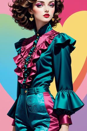 (fashion illustration:1.3) Haute couture, no particular features, of high fashion brocade ruffle blouse and pants,  || in the style of Izumi Kogahara  ||, (close up shot: 1.2) (frutiger style:1.3), (colorful:1.3), (2004 aesthetics:1.2).  swirls, heart, x, \(symbol\), (gradient background:1.3). Saturated colors, tonal transitions, detailed, minimalistic, concept art, intricate detail, World character design, high-energy, concept art, Masterpiece, Fashion Illustration,iconic, PoP art,more detail XL, intricate colors blend, photorealism,leonardo,artint,