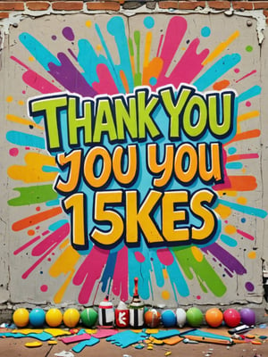 Generate hyper realistic image of thank you message for reaching (15000 likes: 1.5), featuring a graffiti sign set against a wall background. Craft a gratitude-filled design that resonates with excitement and appreciation. Let the colors and imagery convey celebration and joy,Text, Extremely Realistic,palette knife painting,art by sargent