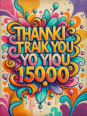 Generate hyper realistic image of thank you message for reaching (15000 likes: 1.5), featuring a graffiti sign set against a wall background. Craft a gratitude-filled design that resonates with excitement and appreciation. Let the colors and imagery convey celebration and joy,Text, art nouveau,Extremely Realistic,watercolor \(medium\)