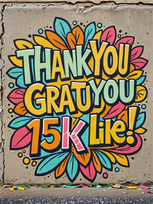 Generate hyper realistic image of thank you message for reaching (15k likes: 1.5), featuring a graffiti sign set against a cement background. Craft a gratitude-filled design that resonates with excitement and appreciation. Let the colors and imagery convey celebration and joy, expressing heartfelt thanks to each follower.,Text, art nouveau