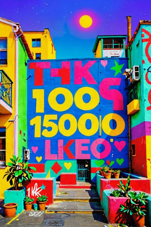 (wide shot angle: 1.3) of (graffiti urban style: 1.5) multicolored BREAK in a cement wall (front view: 1.3) of an intricate (text "THK 150000 LIKES": 1.6) BREAK (close shot:1.2), well lit, BREAK (shot on GoPro Hero:1.4), Fujicolor Pro film, (low-contrast:1.5), in the style of Keith Haring/Banksy/Martin Ron/Eduardo Kobra, BREAK (illustration:1.3), (colorful:1.3), (2004 aesthetics:1.2).  (gradient background:1.3).  highest quality, detailed and intricate, original shot, more detail XL, no humans, Saturated colors, tonal transitions, detailed, minimalistic, concept art, intricate detail, high-energy, concept art, Masterpiece, Fashion Illustration,iconic, PoP art,more detail XL, intricate colors blend, photorealism,leonardo,artint,sweetscape,ink ,score_9,Text,vaporwave style,aw0k euphoric style