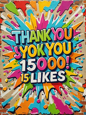 Generate hyper realistic image of thank you message for reaching (15000 likes: 1.5), featuring a graffiti sign set against a wall background. Craft a gratitude-filled design that resonates with excitement and appreciation. Let the colors and imagery convey celebration and joy,Text, Extremely Realistic,palette knife painting
