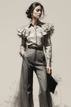 (fashion illustration:1.3) Haute couture, no particular features, of high fashion brocade ruffle blouse and pants, || in the style of Izumi Kogahara || tonal transitions, high-energy, detailed, iconic, minimalistic, concept art, intricate detail, calligraphic lines, pencil drawing, illustrative art, soft lighting, detailed, more Flowing rhythm, elegant, low contrast, add soft blur with thin line, World character design, high-energy, detailed, minimalistic, concept art, in style of Soleil Ignacio, Megan Hess, Kerrie Hess, Masterpiece, Fashion Illustration, style,retro ink, glide_fashion, monkren, oil painting,vapor_graphic, intricate detail, aesthetic portrait, comic book,artistic oil painting stick,charcoal \(medium\),ebonygold,masterpiece,xxmixgirl