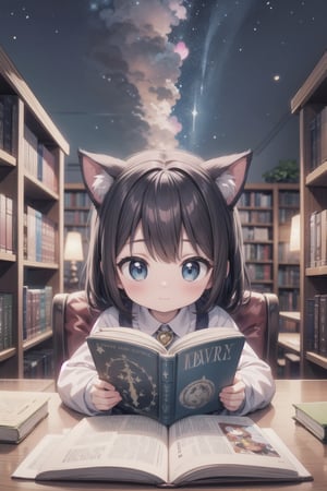 Star Heart Library - A little kitten reads heart-shaped books in a star-lit library.
