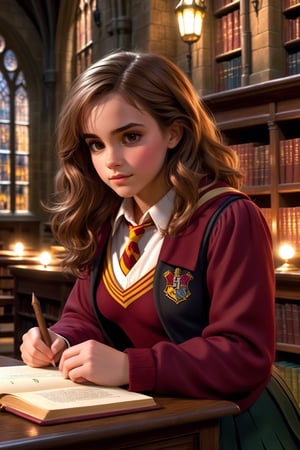 cute Hermione Granger studying in the library at night, (bushy brown hair), hogwarts gryffindor uniform, miniskirt, clevage, realistic skin texture, skin details, glistening skin, (fantasy aesthetic, magical light, hogwarts castle interior)