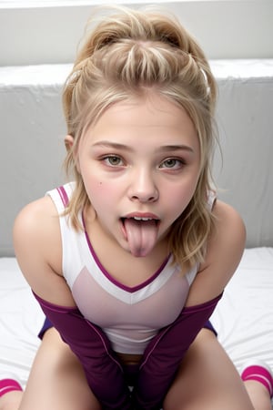 Chloe Grace Moretz, (cheerleader uniform) mouth open, tongue out, kneeling in front of viewer, pov from above, (realistic skin texture, skin details, glistening skiin)