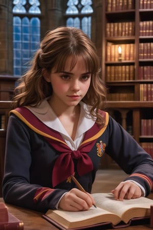 cute Hermione Granger studying in the library at night, (bushy brown hair), hogwarts gryffindor uniform, miniskirt, clevage, realistic skin texture, skin details, glistening skin, (fantasy aesthetic, magical light, hogwarts castle interior)