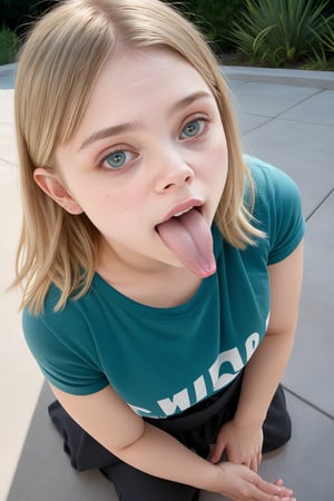 Chloe Grace Moretz, tight t-shirt, perfect eyes, both eyes the same, mouth open, tongue out, realistic skin texture, skin details, glistening skin, kneeling in front of viewer, hands behind back, (pov from above), closeup, outdoors