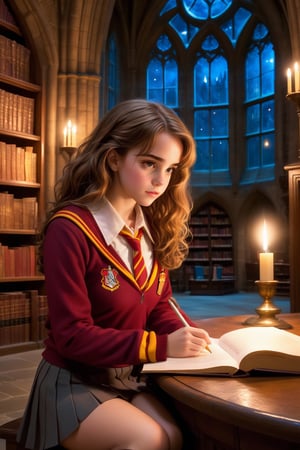 cute Hermione Granger studying in the library at night, (bushy brown hair), hogwarts gryffindor uniform, miniskirt, clevage, fantasy aesthetic, magical light, hogwarts castle interior