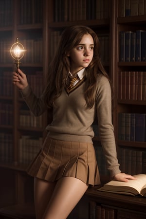 Hermione Granger studying in the library at night, bushy brown hair, miniskirt, fantasy aesthetic, magical light