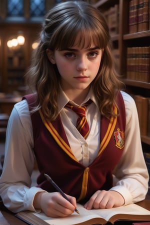 cute Hermione Granger studying in the library at night, (bushy brown hair), hogwarts gryffindor uniform, miniskirt, open vest, deep clevage, realistic skin texture, skin details, glistening skin, (fantasy aesthetic, magical light, hogwarts castle interior)