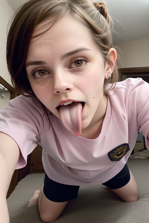 Emma Watson (baggy ti-shirt) mouth open, tongue out, kneeling in front of viewer, pov from above, closeup