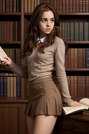 Hermione Granger studying in the library at night, bushy brown hair, miniskirt