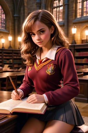 cute Hermione Granger studying in the library at night, (bushy brown hair), hogwarts gryffindor uniform, miniskirt, clevage, fantasy aesthetic, magical light, hogwarts castle interior, realistic skin texture, skin details, glistening skin