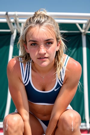 (jamie lynn spears) (track uniform), at starting line, crouching pose at the start of a track and field relay, glistening skin, sweating, sweat dripping off skin, wet hair, wet skin, smirk, (closeup), (pov from below)